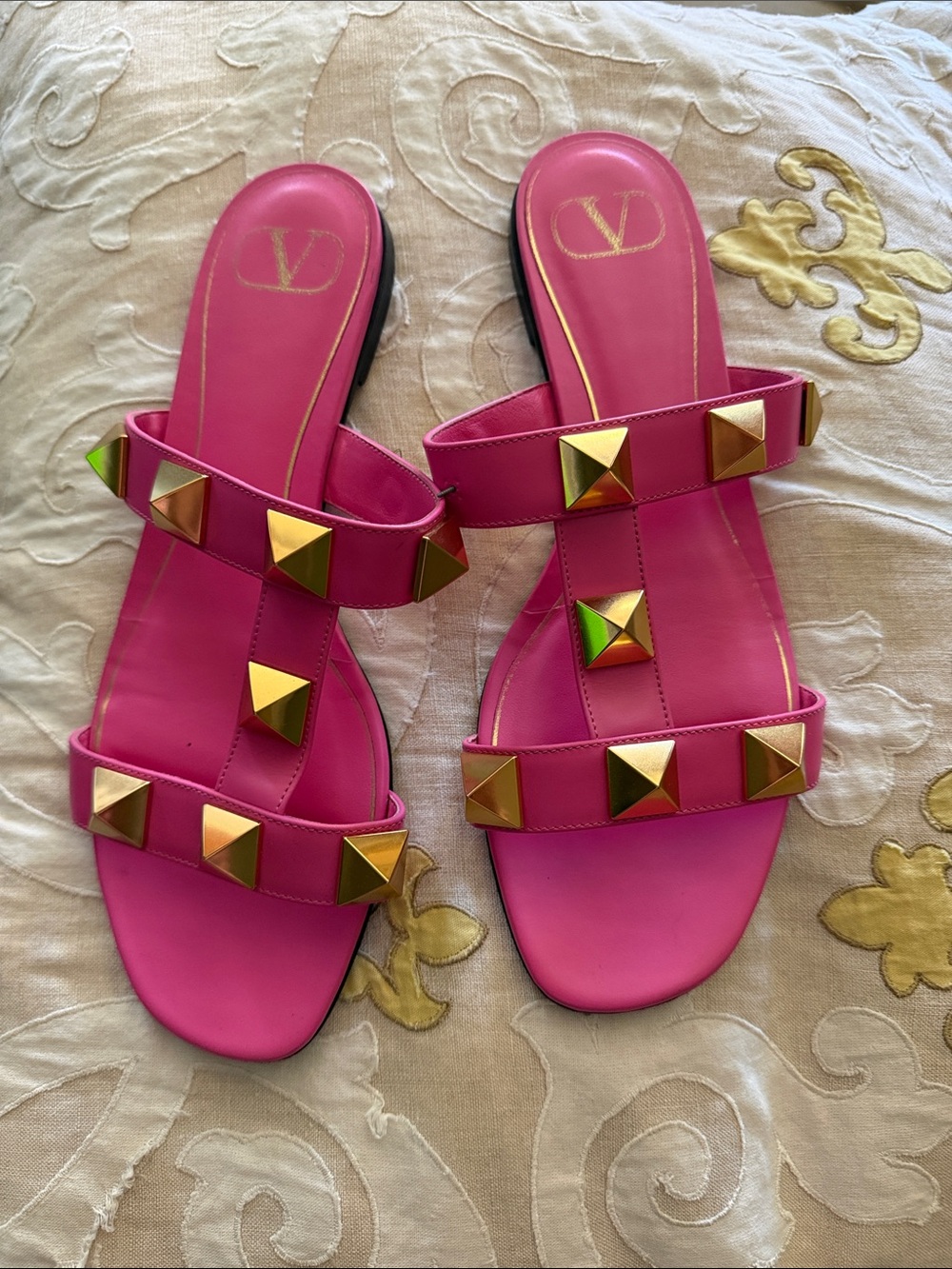 Valentino Hot Pink Leather Slide Sandals with Gold Pyramid Studs size 9